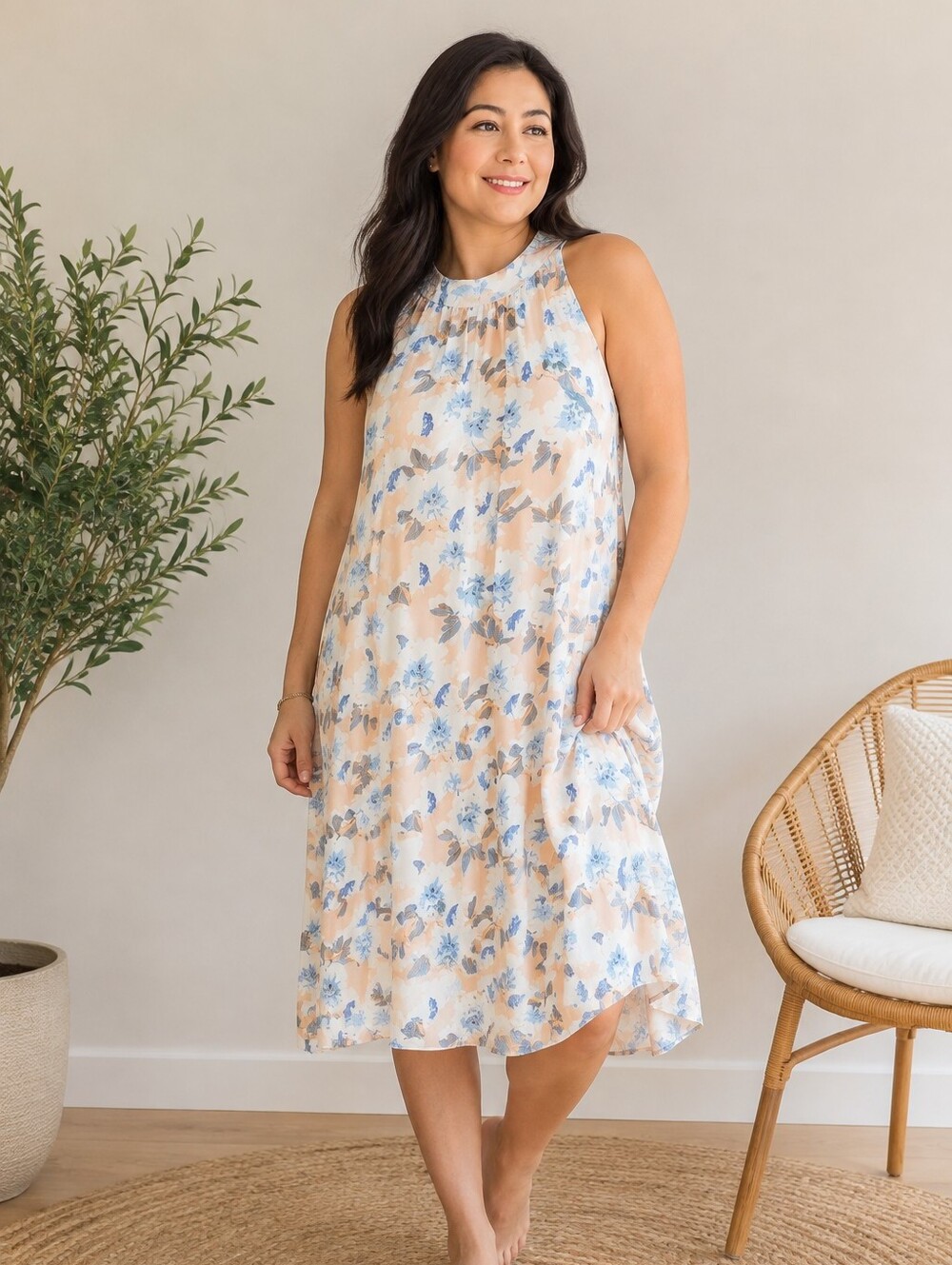 Blue and Cream Floral Chemise with Airy Design